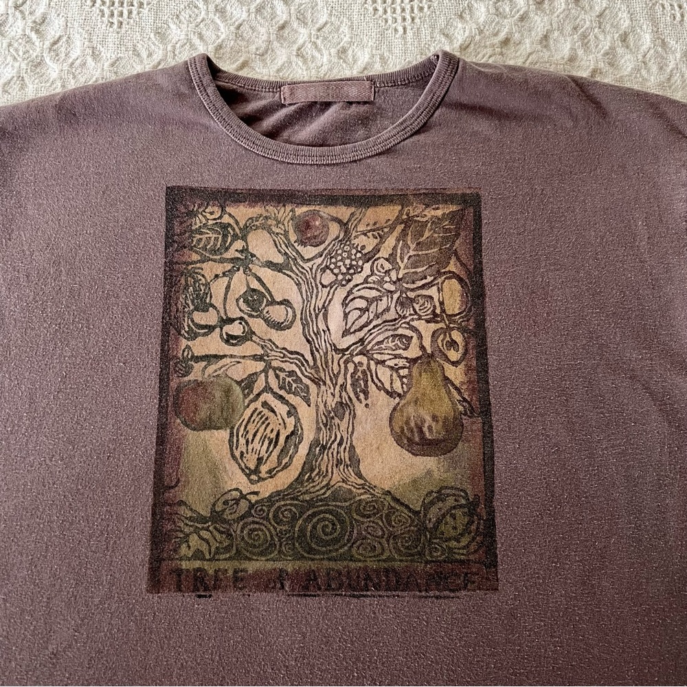 Tree of Abundance Blue Fish Vintage Long Sleeve Cotton Shirt Hand Printed Art